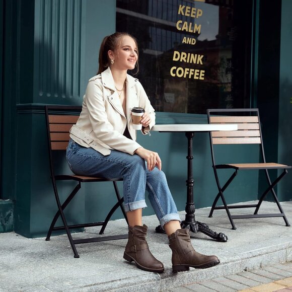 Hawkwell Womens Khaki Fashion Combat Ankle Booties With Side Zipper Buckle - Picture 3 of 7